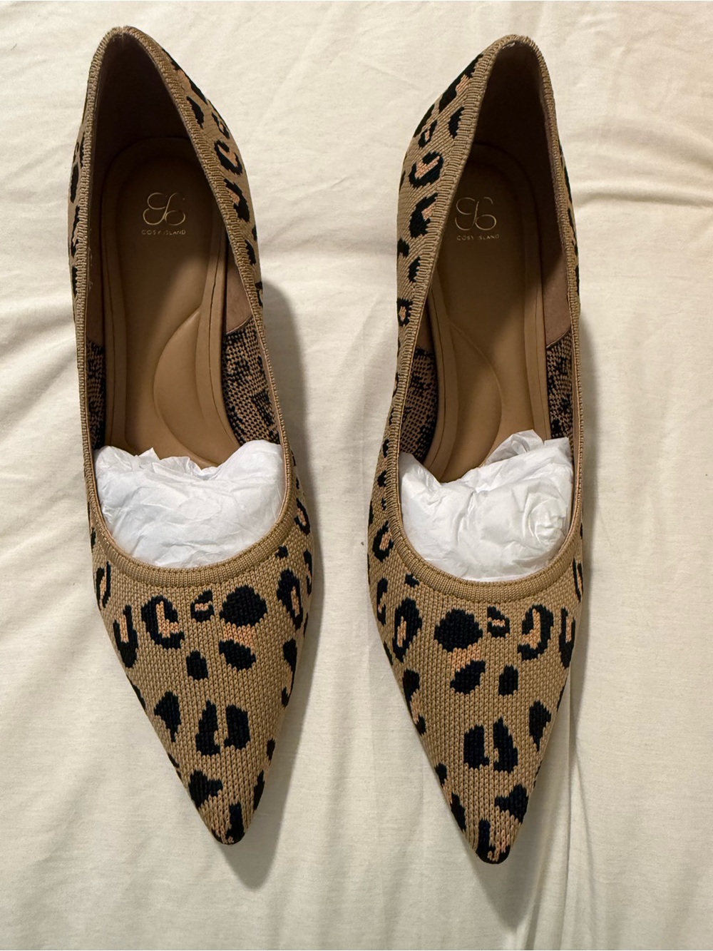 CushyBand Leopard Knit Pointed Flats in Tan and Black